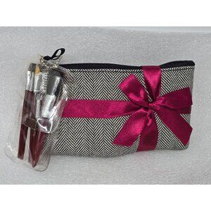 Living Things Herringbone Cosmetic Bag w Mini Makeup Brush Set Burgundy Ribbon